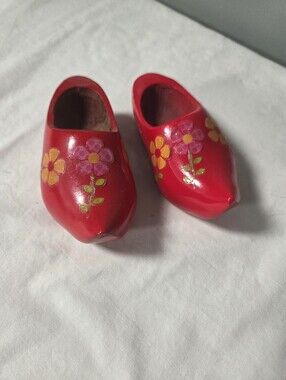 Dutch Holland Vintage Wooden Shoes Clogs Hand Carved, Painted Red Floral